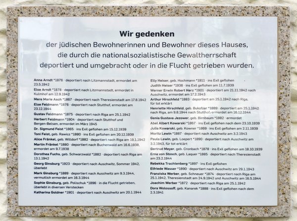 Gedenktafel mit Namen und Lebensdaten jüdischer Bewohner, die Opfer der nationalsozialistischen Gewaltherrschaft wurden, auf hellem Stein mit schwarzer Schrift