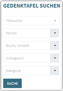 Gedenktafel suchen: ein Eingabefeld "Titelsuche" und darunter die vier Klapplisten "Person", "Bezirk/Ortsteil", "Schlagwort" und "Kategorie" sowie die Schaltfläche "Suche"