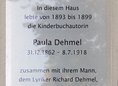 Ansicht Gedenktafel Paula Dehmel