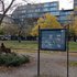 Die blaue Informationstafel steht auf dem Neustädtischen Kirchplatz, im Hintergrund sind Gebäude.