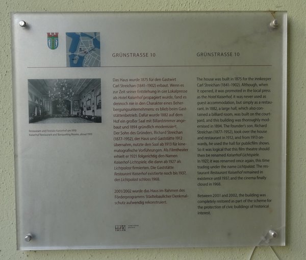 Ansicht Gedenktafel Grünstraße 10 (Restaurant und Kino)