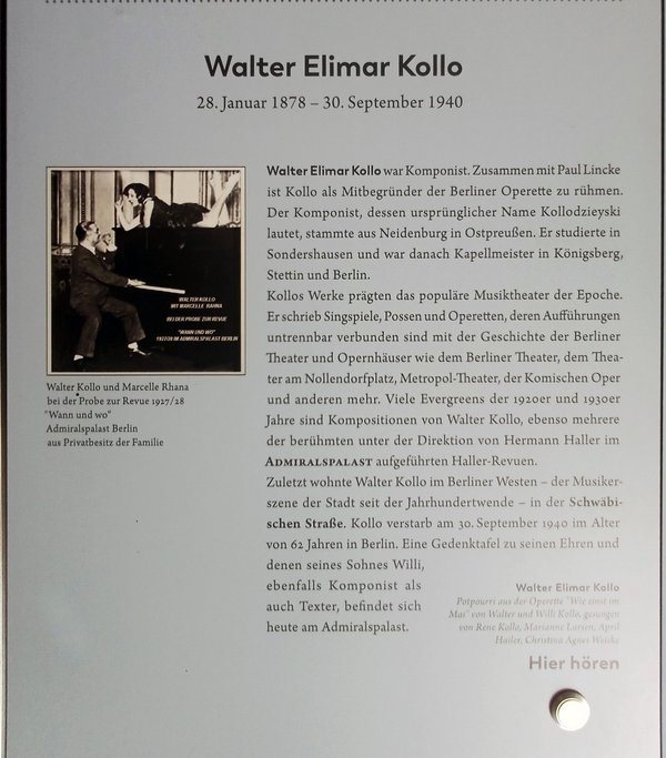 Gedenktafel mit Text, einem Bild von Walter Elimar Kollo und einem Audio-Knopf mit Musik.